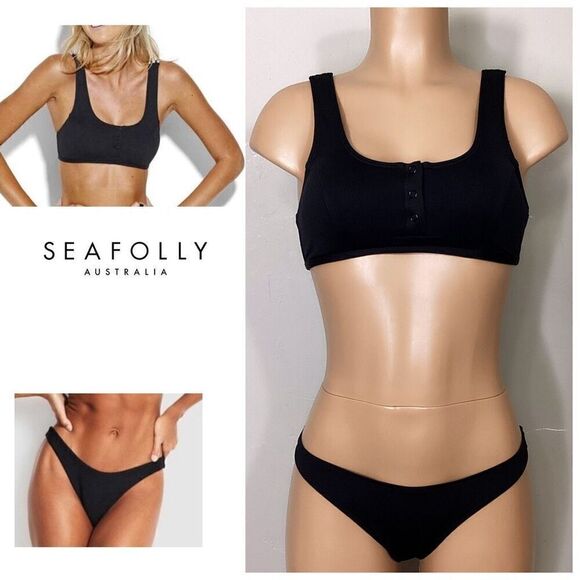 New. Seafolly 3 snap black scoop bikini set. Size USA 6. Retails $174 - Picture 1 of 15